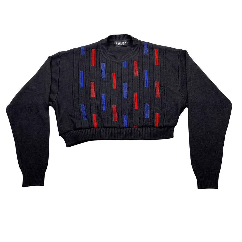 Pohland Classic Black Cropped Sweater Red Blue Geometric Knit Long‎ Sleeve EU 54